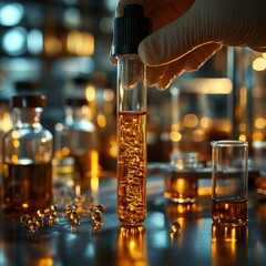 A gloved hand places a test tube with golden liquid into a rack of similar tubes in a laboratory, highlighting precision and research.