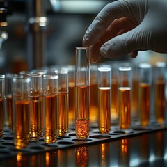 A gloved hand places a test tube with golden liquid into a rack of similar tubes in a laboratory, highlighting precision and research.