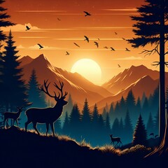 Fototapeta premium Scenic sunset landscape with deer in forest and mountain silhouettes.