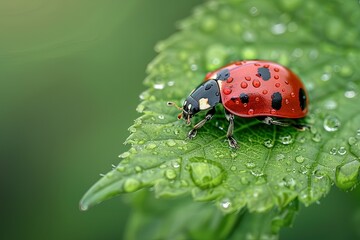 Fototapeta premium Ladybug standing on green leaf covered in water drops