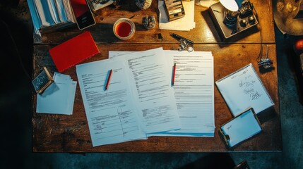 An overhead shot of film set call sheets and scene breakdowns on a large table with a casting directorâ€™s notepad and red pen, movie planning, casting industry, script preparation.
