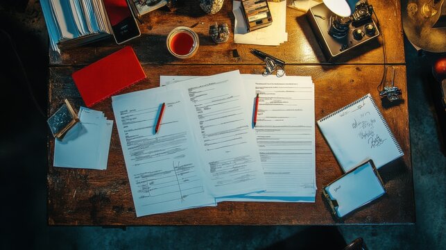 An overhead shot of film set call sheets and scene breakdowns on a large table with a casting directorâ€™s notepad and red pen, movie planning, casting industry, script preparation.