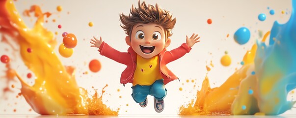 Fototapeta premium 3D character of a cheerful boy in colorful clothing, midair jump, with a big grin, surrounded by colorful splashes, fun and energetic vibe