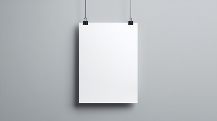 Blank white poster hanging with clips mockup