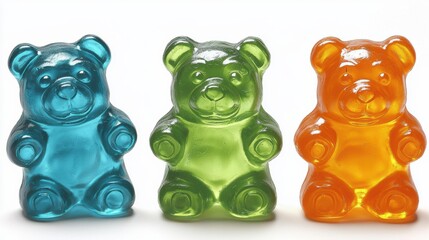 Three colored gummy bears arranged on a white background