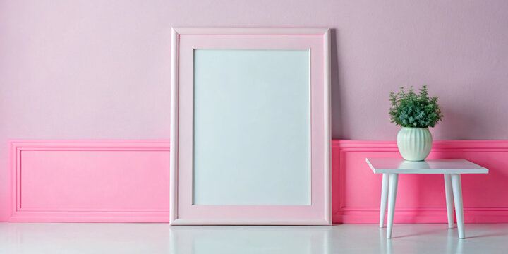 Empty picture frame, plant pot, wooden chair, Pink wall background, pink picture frame - Powered by Adobe