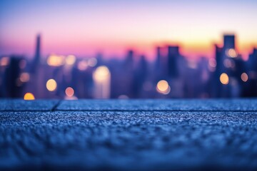 Ground level angle view, brushed concrete surface with blurred modern cityscape in the background, cool twilight hues, ad promo template, product mockup, urban style, sleek design, modern