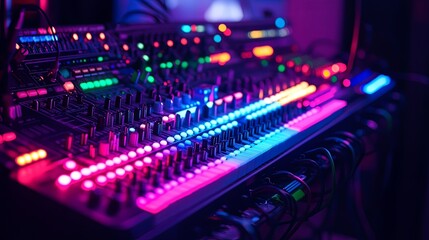 A synthesizer with colorful LED lights, ready for electronic music production.
