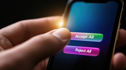 Hand touching accept and reject all buttons on smartphone screen.