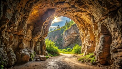 Rock arch tunnel entrance reflected in water