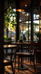 A cafe with wooden tables and chairs, a plant on the table, and sunlight streaming through the window.