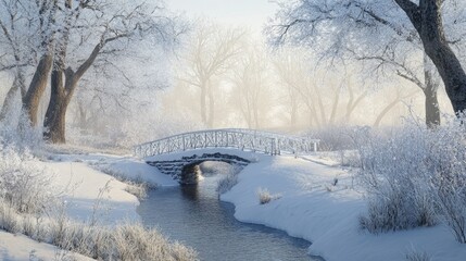 A beautiful winter landscape featuring a snow-covered bridge over a small creek, surrounded by frosted trees. The serene atmosphere evokes a sense of peace and tranquility in nature.