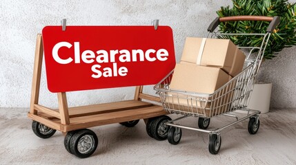 Promotional clearance sale with a shopping cart and boxes, perfect for budget shoppers looking for great deals.