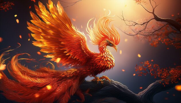 A fire phoenix rising out of the ashes; a mythical creature of the fire burning phoenix rise above the ashes; gods and myth; a large bird called phoenix with burning flame and wings spread wide across