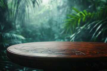 Obraz premium Ground level angle view close up, surface of carved mahogany wood table, with a cinematic surrounding of foggy tropical rainforest, soft green lighting, and deep jungle hues, showcasing copy space,