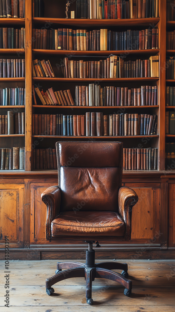 Wall mural Classic Wooden Chair in Old-Fashioned Library Setting  