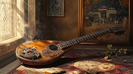 A traditional sitar resting on a decorative rug, with a beautiful backdrop of Indian artwork. 