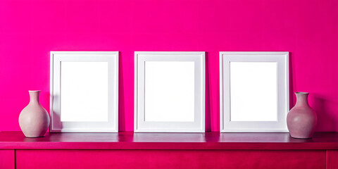 Empty picture Three frame, plant pot, Pink wall background