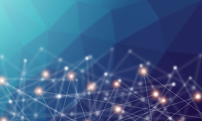 Obraz premium Technology background concept, Abstract connected line dots network on bright polygon blue blurred background