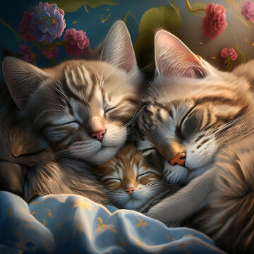 Familia de gatos durmiendo el sue&ntilde;o
