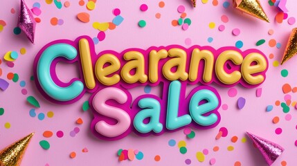 Vibrant clearance sale graphic featuring colorful letters on a cheerful pink background, surrounded by festive confetti.