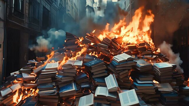 Burning books in cities symbolizes complex themes of anger, art, and chaos in culture