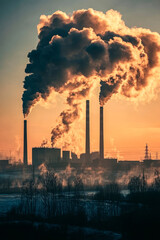Factory emitting thick smoke into the air, pollution concept