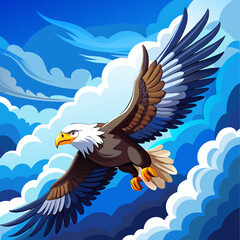 A majestic bald eagle soars through a blue sky with fluffy white clouds. This vibrant illustration captures the bird's power and freedom, making it perfect for nature-themed projects.