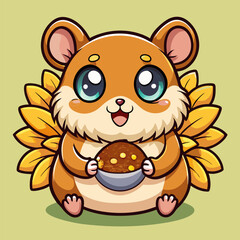 Fototapeta premium Adorable cartoon hamster with big eyes and a fluffy tail, holding a bowl of food. Perfect for children's books, illustrations, and social media content.