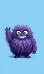 Fototapeta premium Funny purple fluffy monster on a clean blue background. Joyful and soft little monster. Charming yeti. Halloween character.