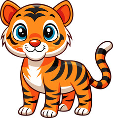 A charming cartoon illustration of a cute tiger cub with big, expressive eyes and a playful smile, perfect for adding a touch of whimsy to children's books, clothing.