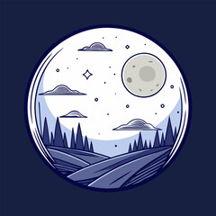A minimalist illustration of a moonlit night scene, featuring a full moon, stars, clouds, and rolling hills. Perfect for adding a touch of serenity and nature to your designs.