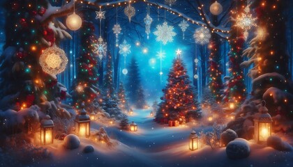 Fototapeta premium Magical winter forest with glowing lanterns, snowflakes, and decorated Christmas tree in center