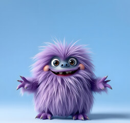 Fototapeta premium Funny purple fluffy monster on a clean blue background. Joyful and soft little monster. Charming yeti. Halloween character.