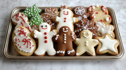 Obraz premium Christmas gingerbread cookies in the form of snowmen and snowflakes in a tray. Festive home baking