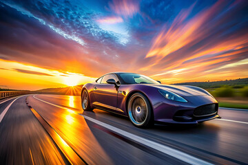 Fototapeta premium A sleek purple sports car speeds down a vibrant highway at sunset, with dramatic clouds and reflections enhancing its dynamic appearance.