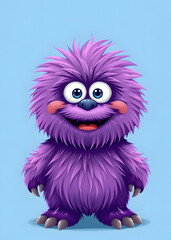 Fototapeta premium Funny purple fluffy monster on a clean blue background. Joyful and soft little monster. Charming yeti. Halloween character.