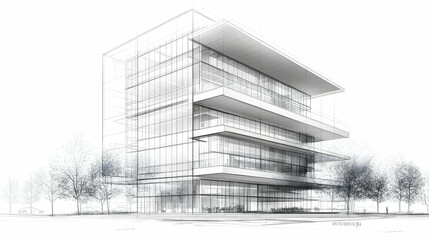 Minimalistic Blueprint Design of a Multi-Story Office Building with Clean Lines and Geometric Shapes