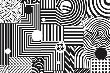 A geometric pattern featuring interconnected circles and stars in black and white colors