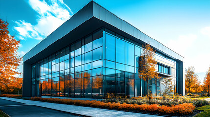 Fototapeta premium Modern Architectural Building Featuring Geometric Glass Windows in a Urban Setting