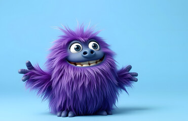 Fototapeta premium Funny purple fluffy monster on a clean blue background. Joyful and soft little monster. Charming yeti. Halloween character.