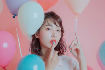 A woman holding lipstick and balloons