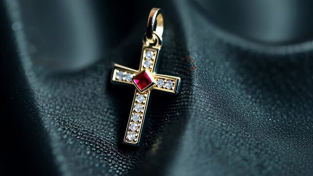 A gold cross pendant with diamonds and a red gemstone rests on black fabric, symbolizing spirituality and Easter