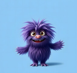 Fototapeta premium Funny purple fluffy monster on a clean blue background. Joyful and soft little monster. Charming yeti. Halloween character.