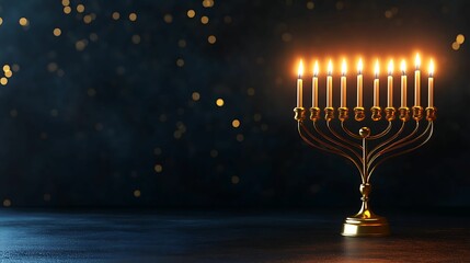 A golden menorah with nine glowing candles stands against a dark background, symbolizing the Hanukkah celebration with a peaceful, festive ambiance.