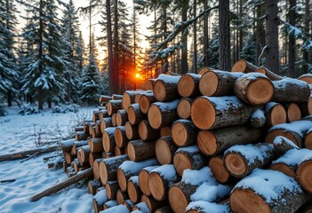 Stacked Logs in Snowy Winter Forest at Sunset