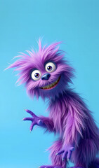 Fototapeta premium Funny purple fluffy monster on a clean blue background. Joyful and soft little monster. Charming yeti. Halloween character.