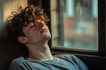 Fototapeta premium A person resting on a sofa near a window with sunlight pouring in