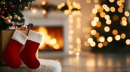 Two red Christmas stockings hang near a cozy fireplace with a glowing Christmas tree in the background, creating a warm holiday atmosphere.