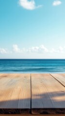 Fototapeta premium Ground level angle view close up, surface of polished light pinewood table, with a minimalist surrounding of soft blurred ocean breeze, cool blue lighting, and clean soft tones, highlighting copy 